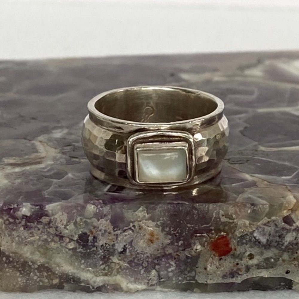 Sterling Silver 925 Cats Eye Quartz Hammered 9MM Wide Cigar Band Ring Sz 6.5 - Picture 6 of 16